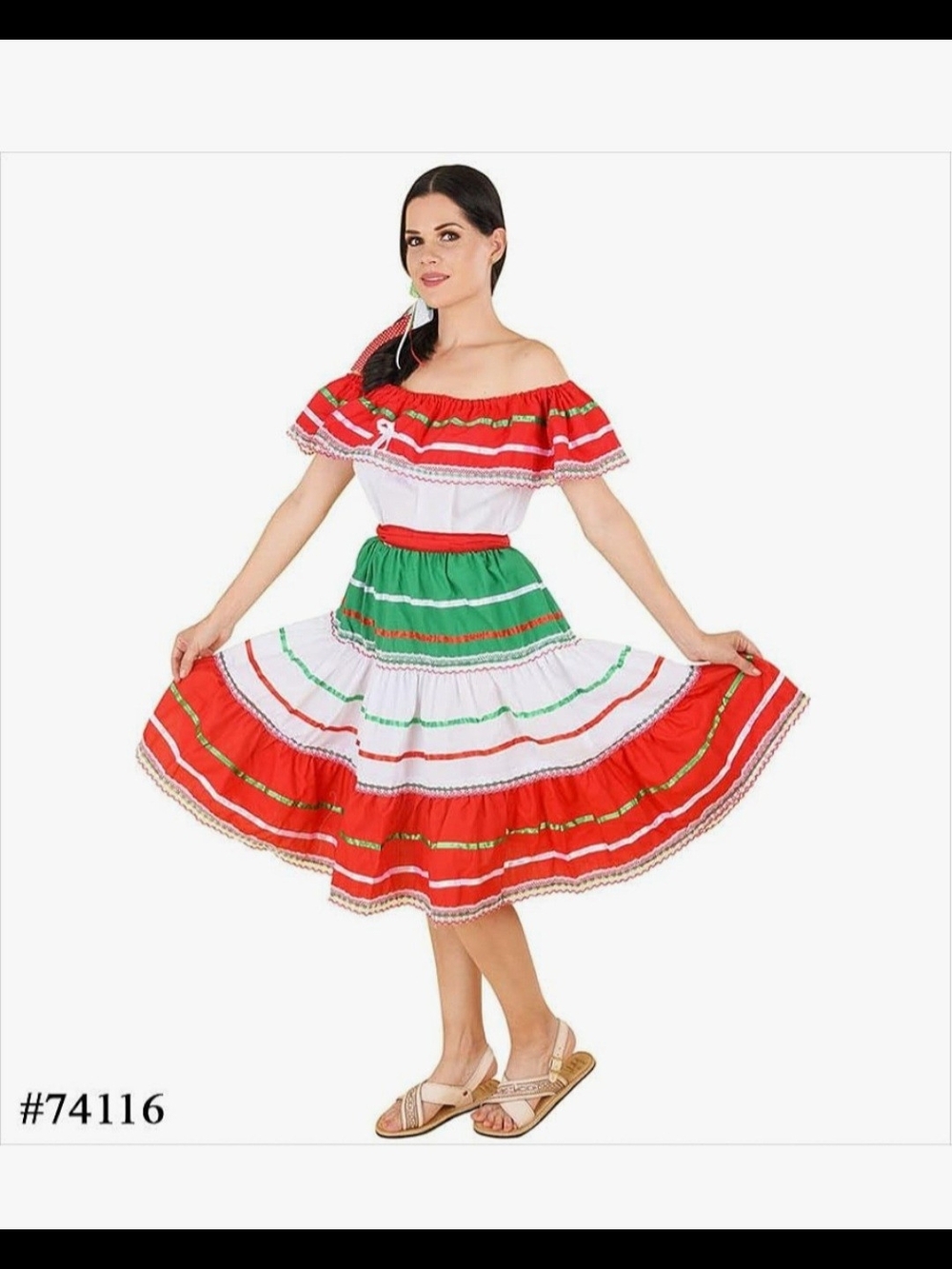 Girls Traditional Mexican Tricolor Dress White Red Green Youth Extra Large